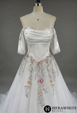 Off-the-Shoulder Satin Corset Ball Gown with Colorful Floral Embroidery HW3789
