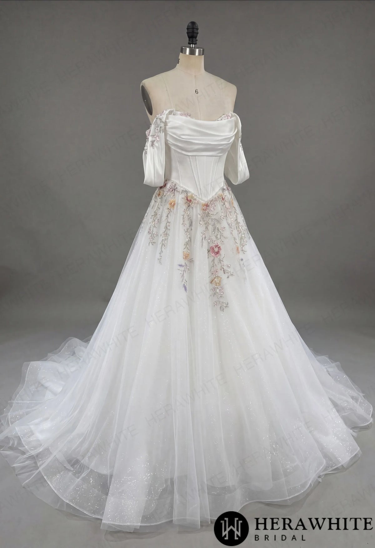Off-the-Shoulder Satin Corset Ball Gown with Colorful Floral Embroidery HW3789