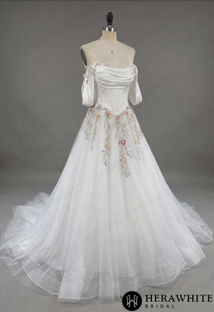 Off-the-Shoulder Satin Corset Ball Gown with Colorful Floral Embroidery HW3789