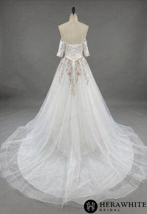 Off-the-Shoulder Satin Corset Ball Gown with Colorful Floral Embroidery HW3789