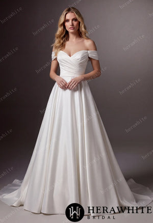 Off-Shoulder Sweetheart Satin A-line Wedding Gown With Draped Bodice & Cap Sleeves HW3793
