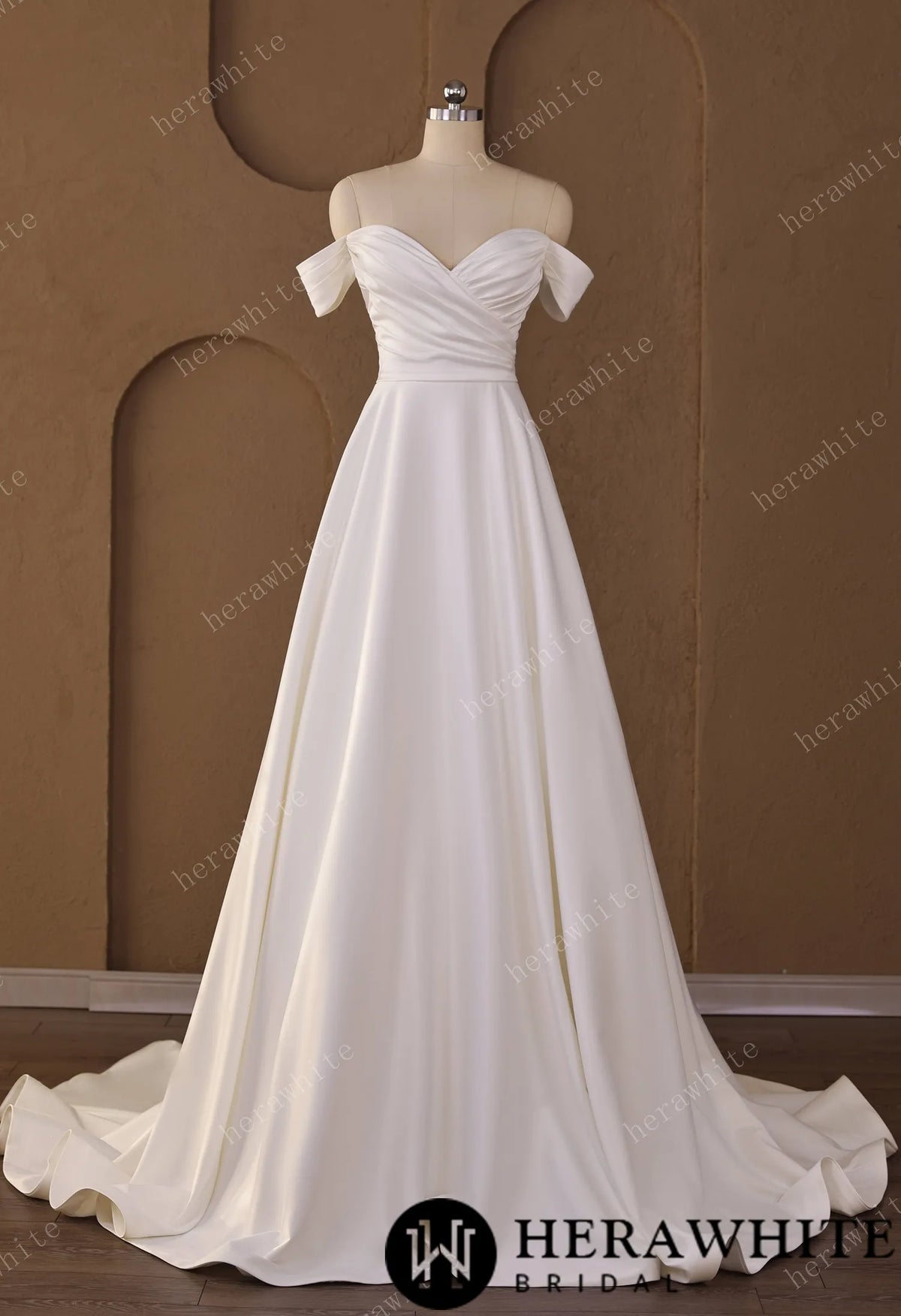 Off-Shoulder Sweetheart Satin A-line Wedding Gown With Draped Bodice & Cap Sleeves HW3793