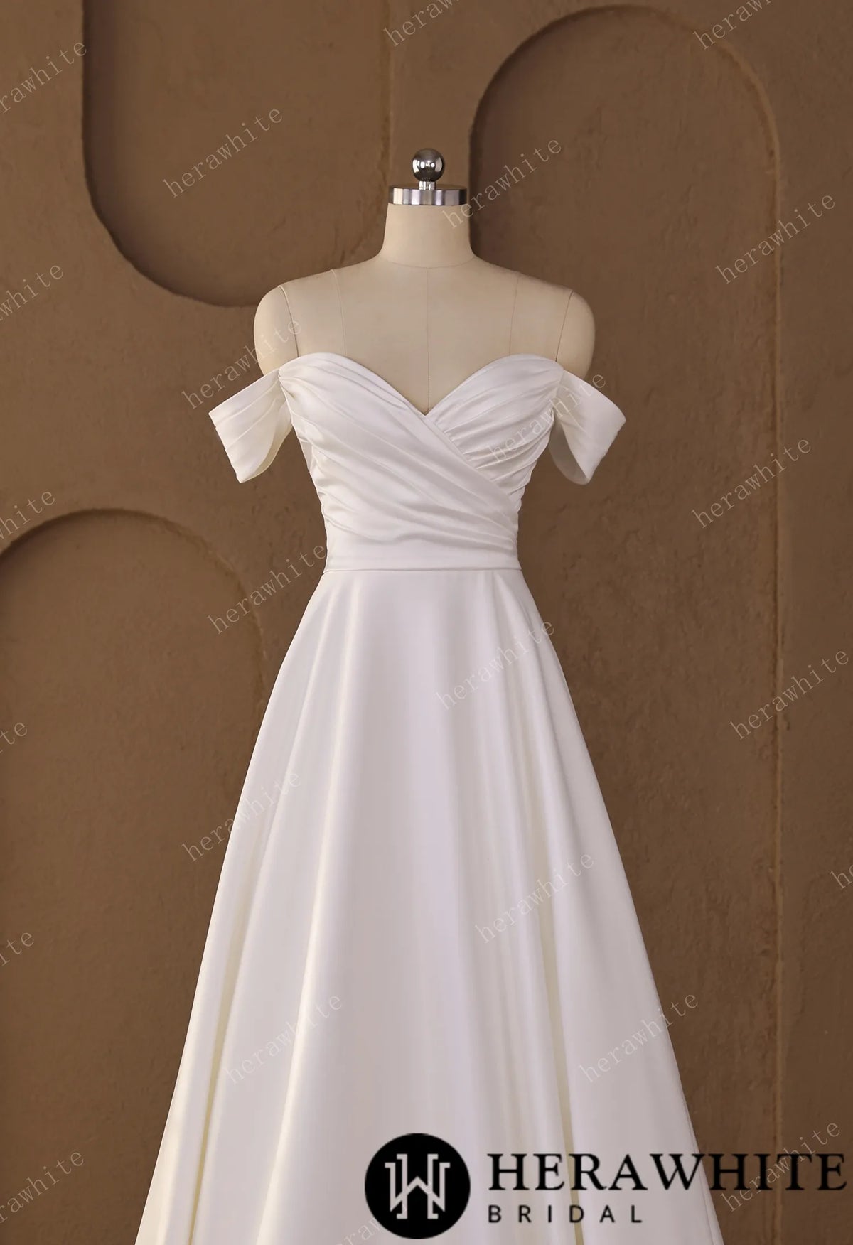 Off-Shoulder Sweetheart Satin A-line Wedding Gown With Draped Bodice & Cap Sleeves HW3793