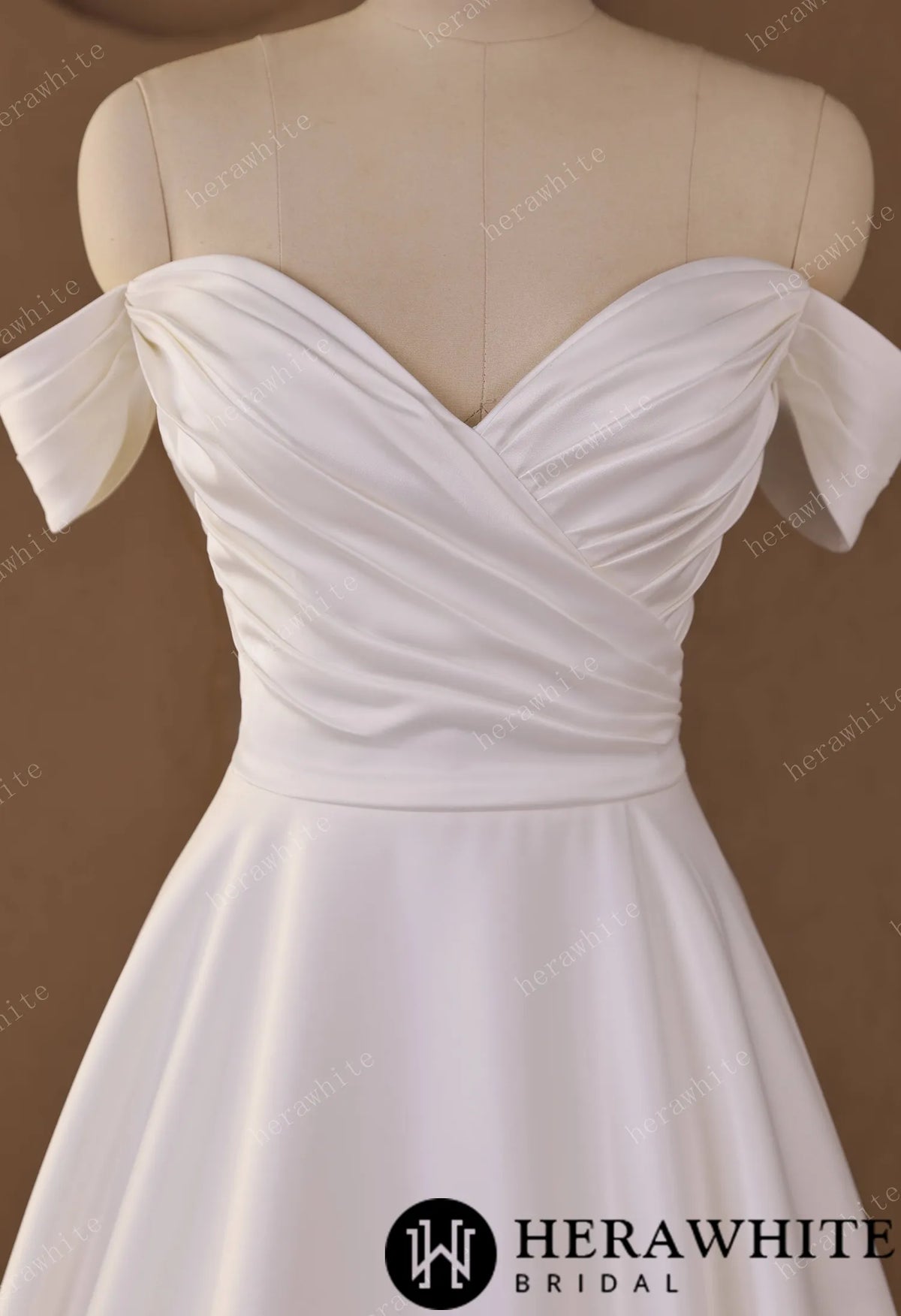 Off-Shoulder Sweetheart Satin A-line Wedding Gown With Draped Bodice & Cap Sleeves HW3793