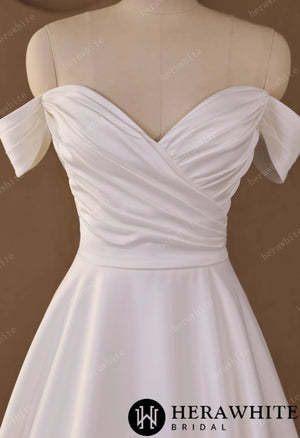 Off-Shoulder Sweetheart Satin A-line Wedding Gown With Draped Bodice & Cap Sleeves HW3793