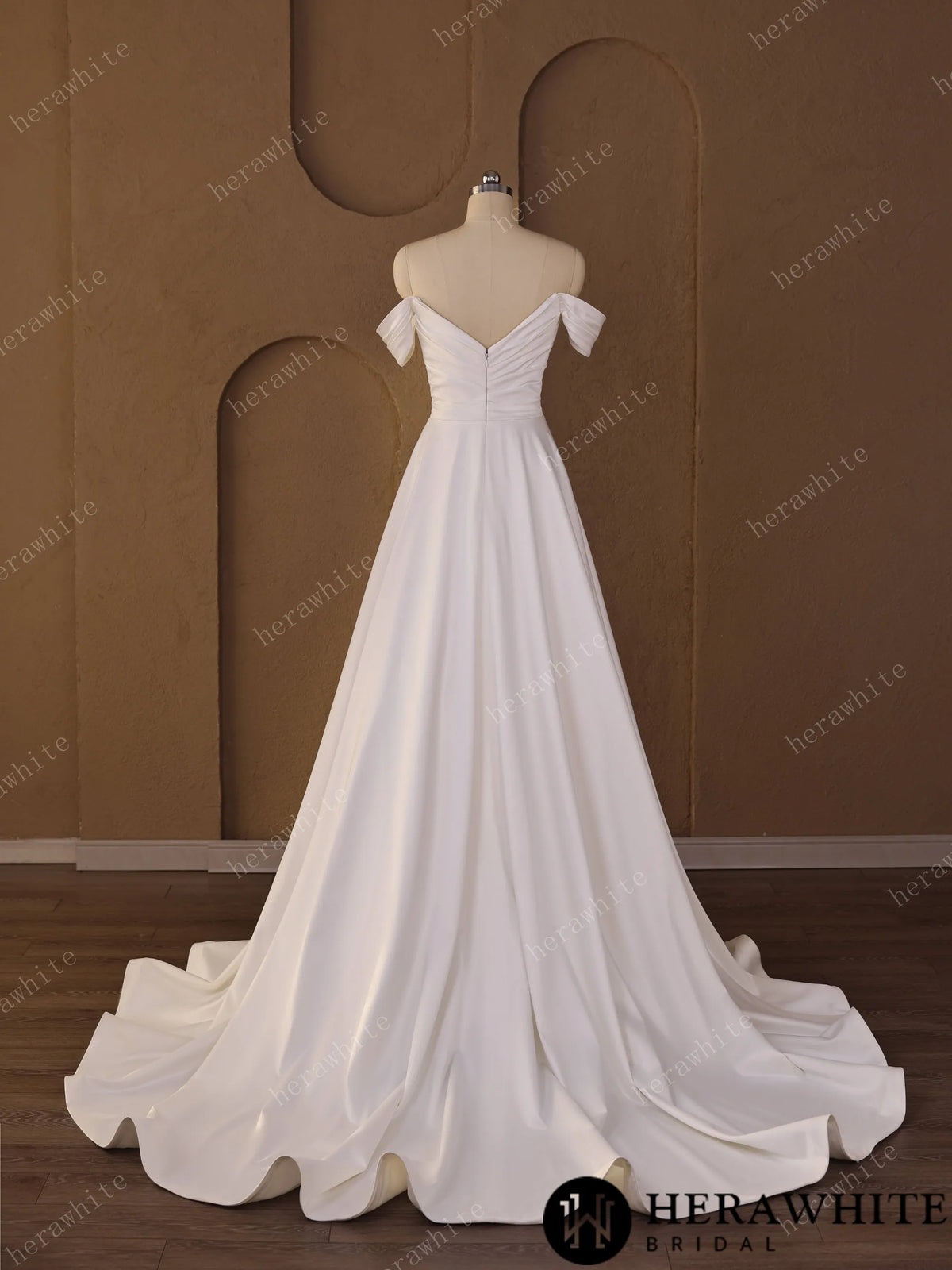 Off-Shoulder Sweetheart Satin A-line Wedding Gown With Draped Bodice & Cap Sleeves HW3793