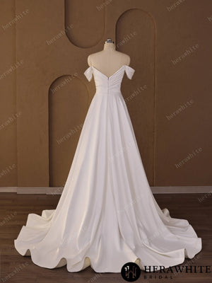 Off-Shoulder Sweetheart Satin A-line Wedding Gown With Draped Bodice & Cap Sleeves HW3793