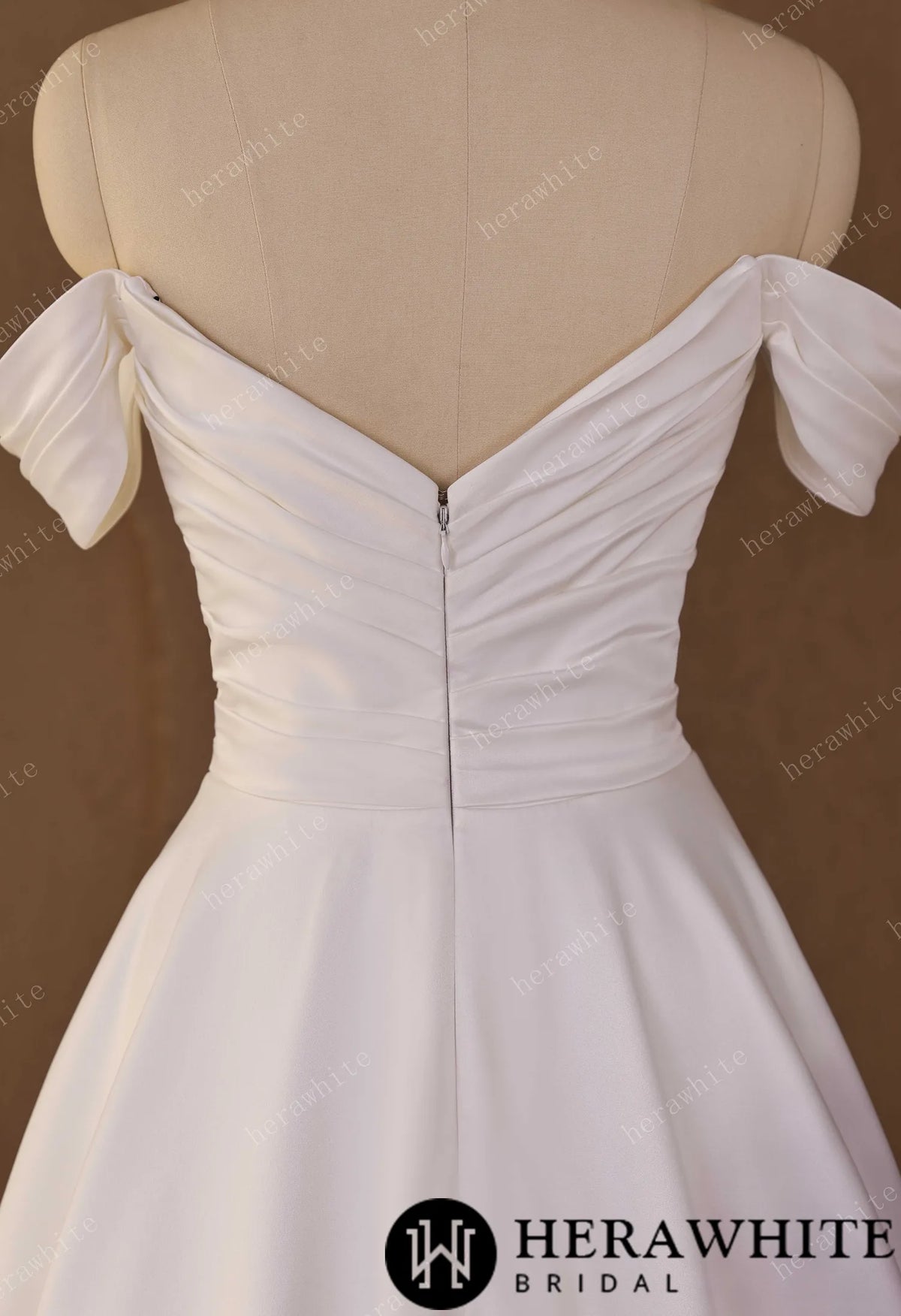Off-Shoulder Sweetheart Satin A-line Wedding Gown With Draped Bodice & Cap Sleeves HW3793