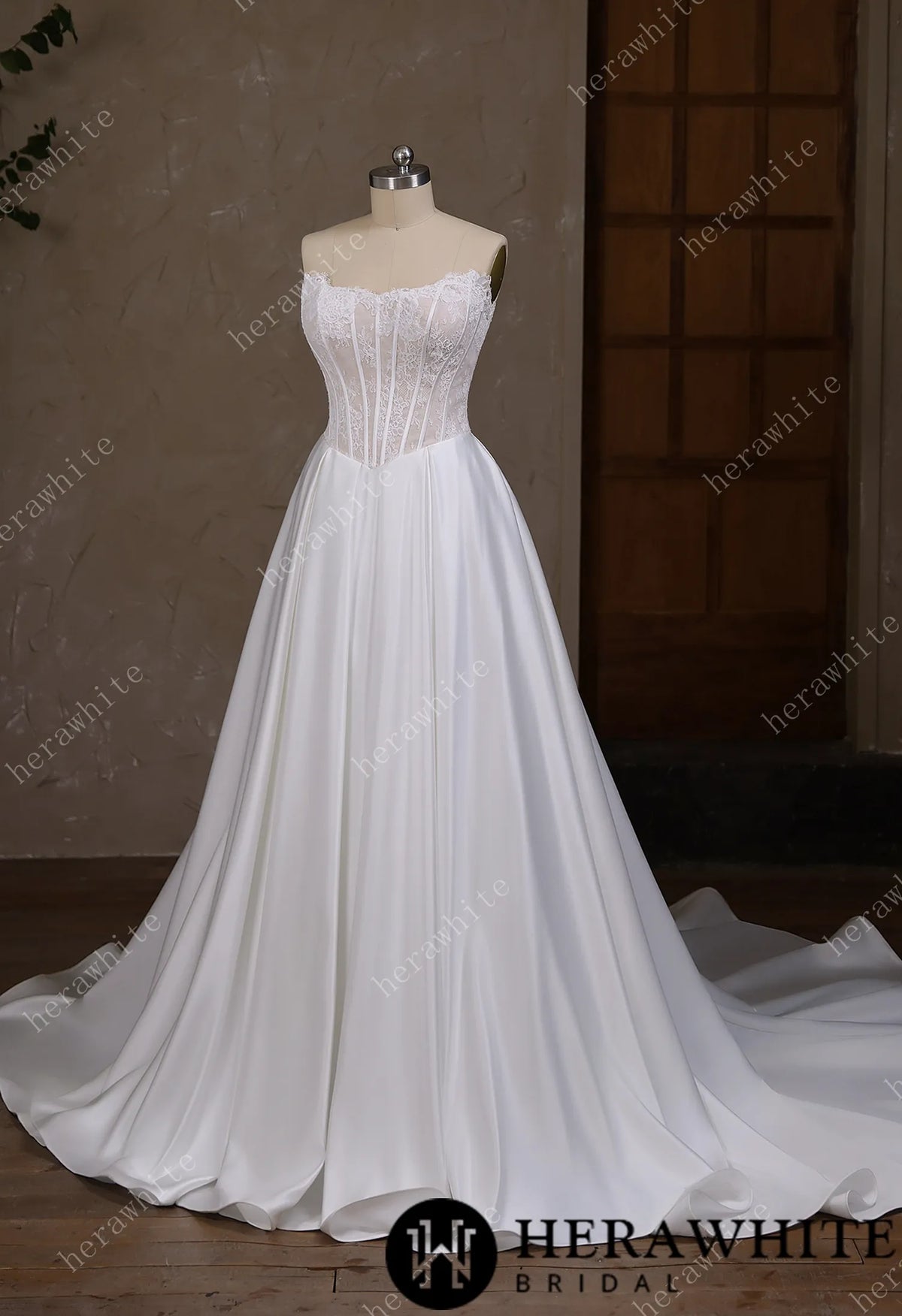 Irregular neckline with a Basque waistline wedding gown HW3796
