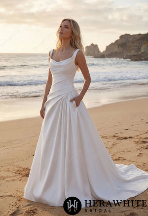 A heart-shaped neckline framed by wide Strap Draped A-Line Wedding Dress HW3798