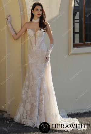 Dramatic Plunging V Neckline & Underlay Lace with Floral Embroidery Lace Sheath Dress HW3802