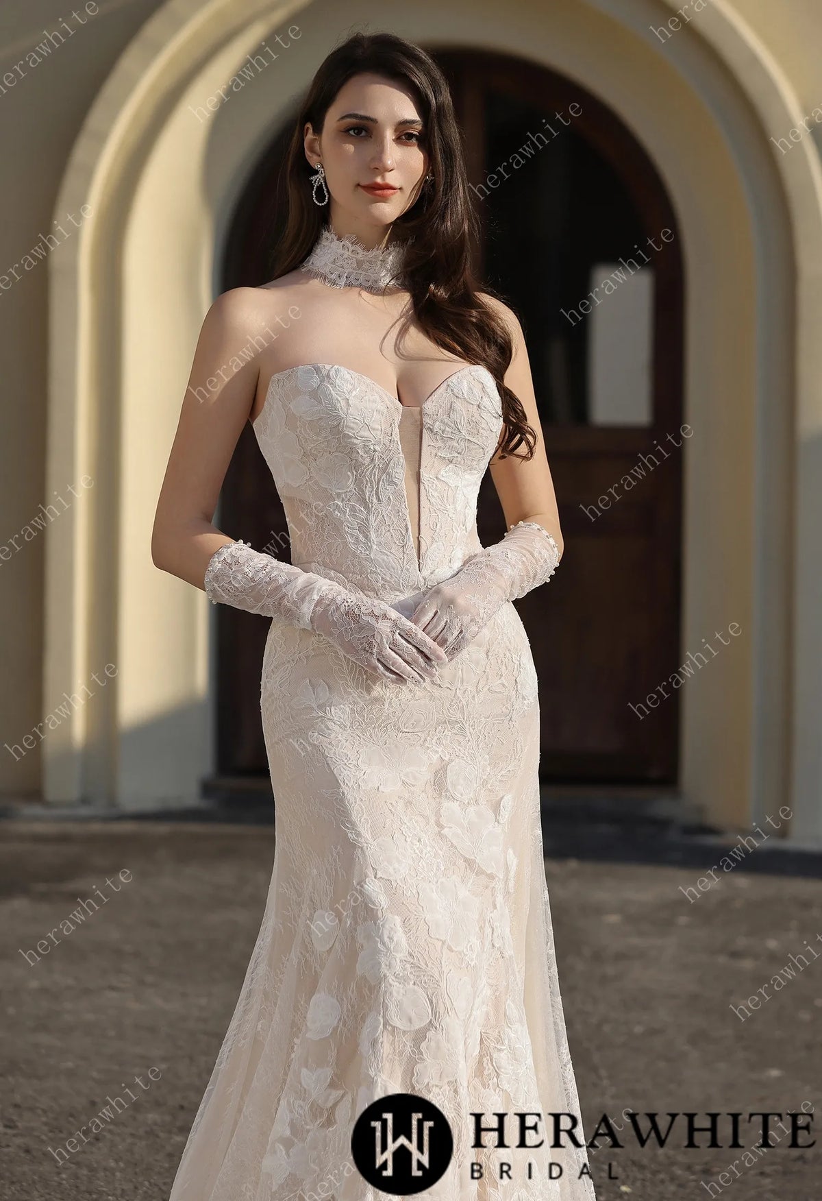 Dramatic Plunging V Neckline & Underlay Lace with Floral Embroidery Lace Sheath Dress HW3802