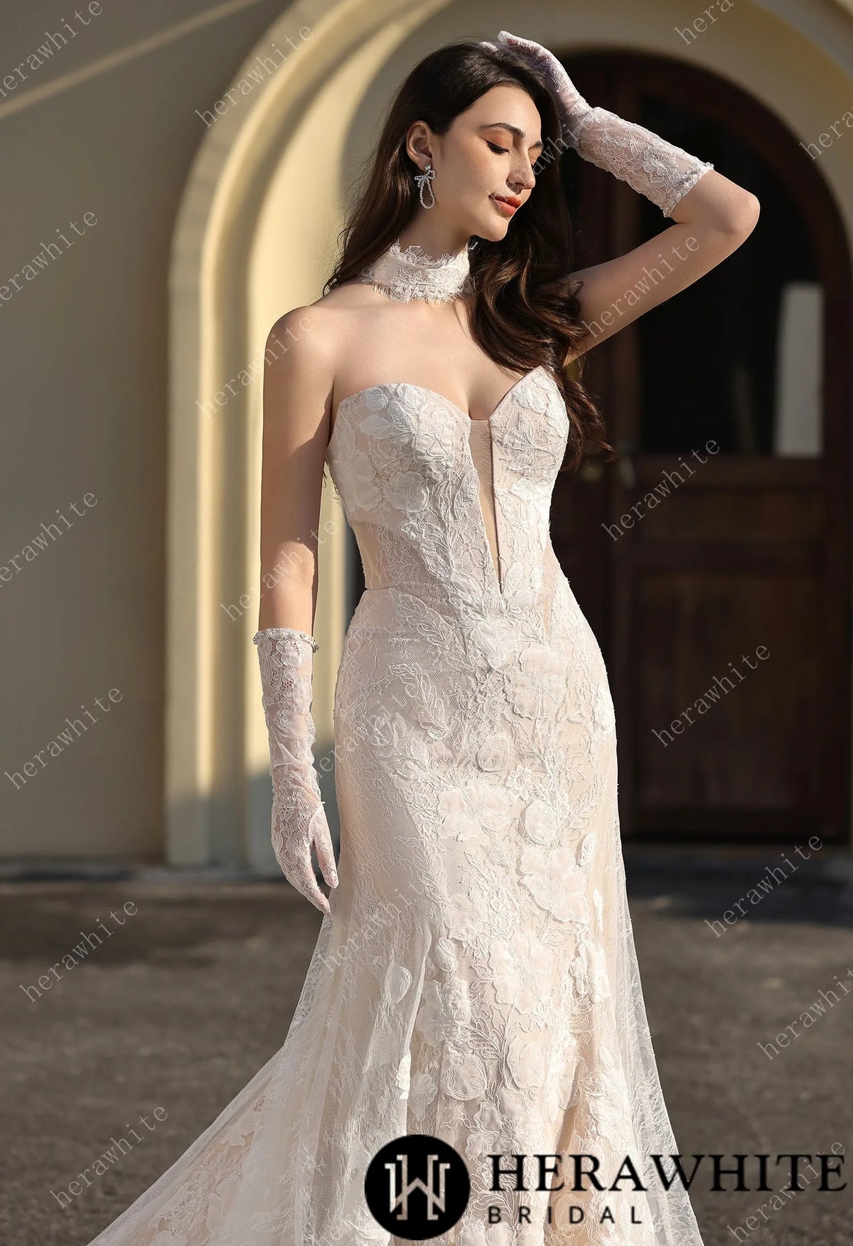 Dramatic Plunging V Neckline & Underlay Lace with Floral Embroidery Lace Sheath Dress HW3802