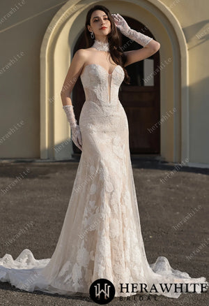Dramatic Plunging V Neckline & Underlay Lace with Floral Embroidery Lace Sheath Dress HW3802