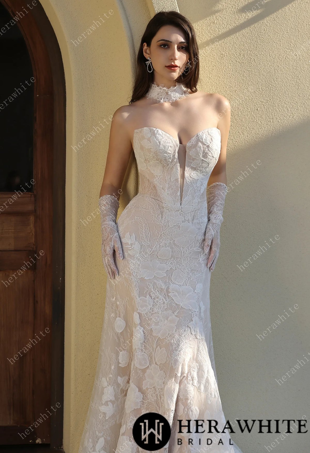 Dramatic Plunging V Neckline & Underlay Lace with Floral Embroidery Lace Sheath Dress HW3802