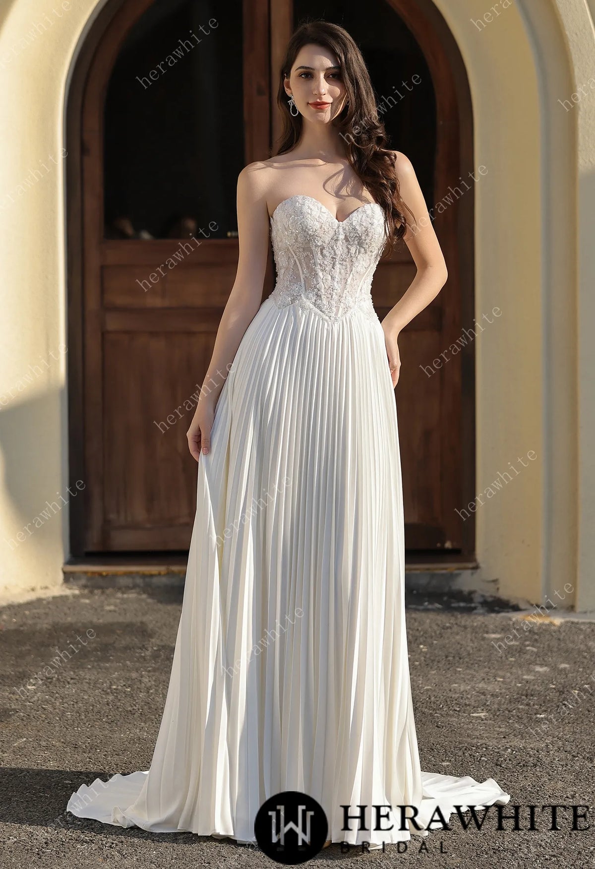 Delicately Pleated Skirt Wedding Dress Bridal Gown & Optional Structured Corset Vest HW3804