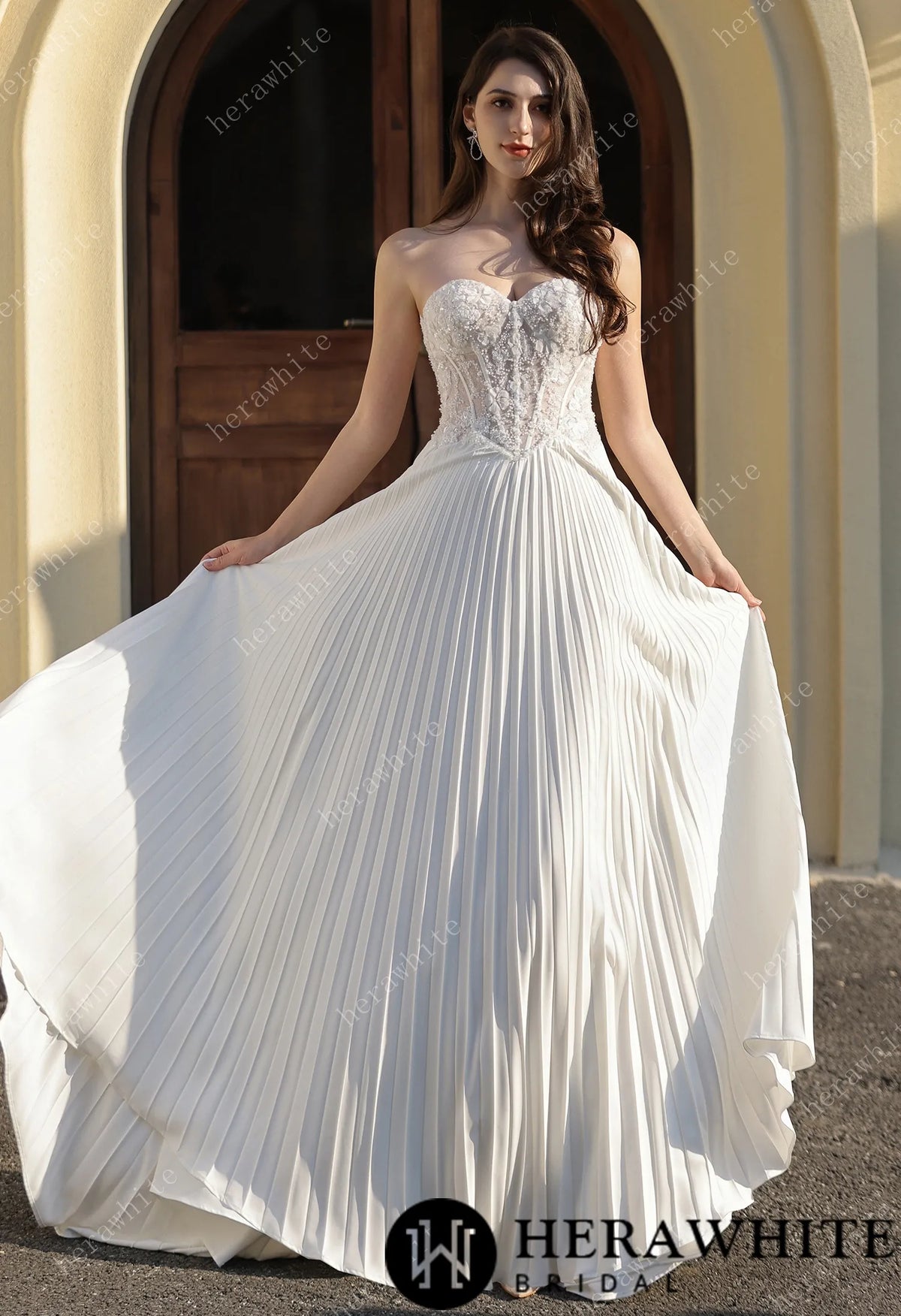 Delicately Pleated Skirt Wedding Dress Bridal Gown & Optional Structured Corset Vest HW3804