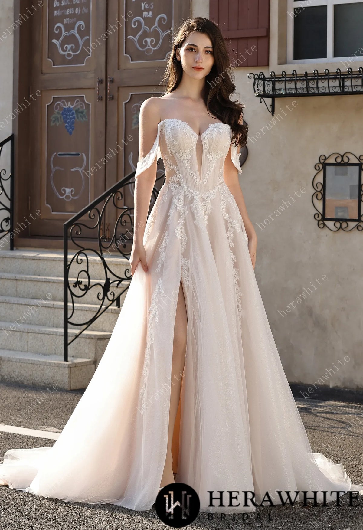 Romantic Off-the-Shoulder Sheer Lace Glitter Tulle Bridal Gown with Thigh Slit HW3825