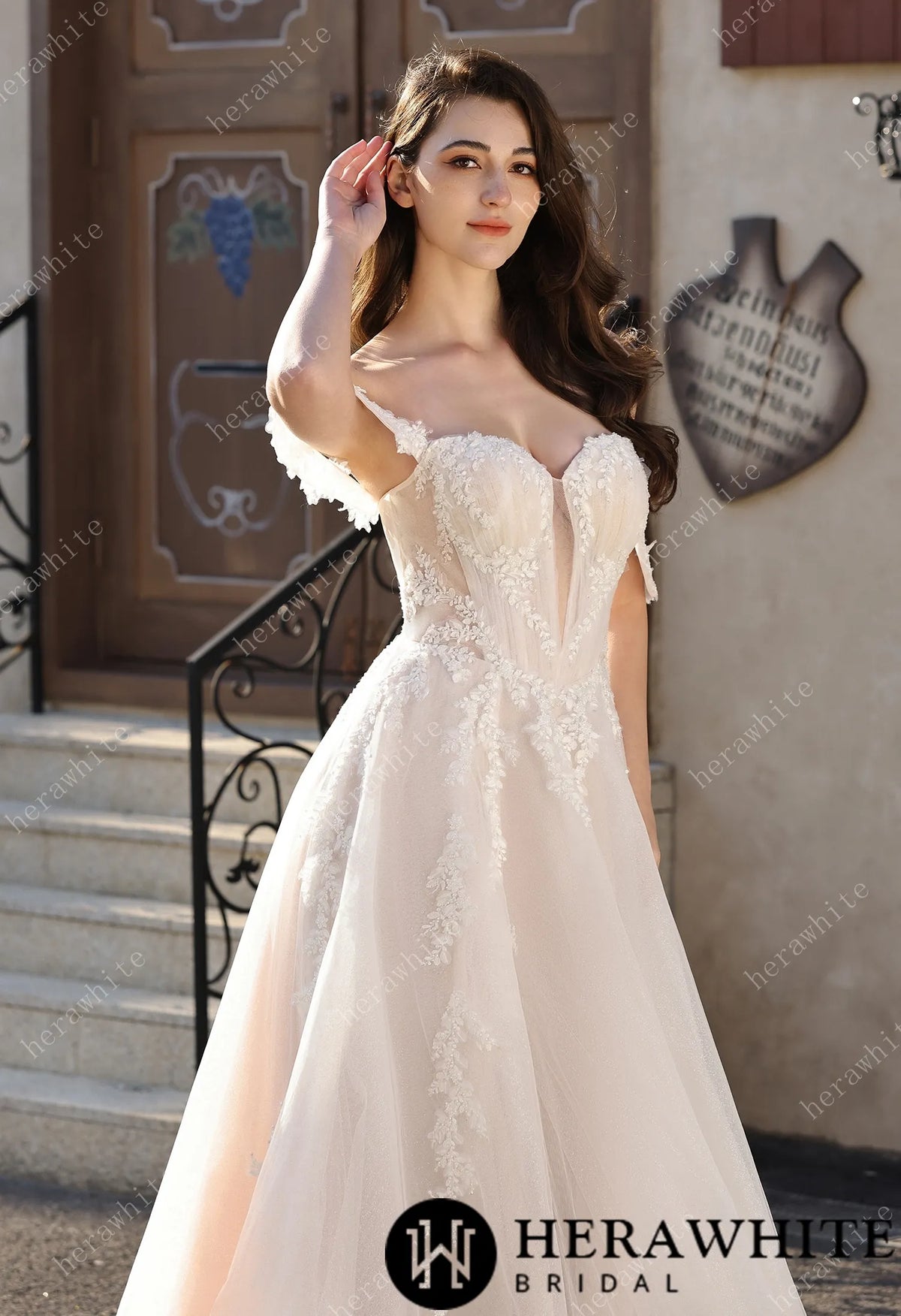 Romantic Off-the-Shoulder Sheer Lace Glitter Tulle Bridal Gown with Thigh Slit HW3825