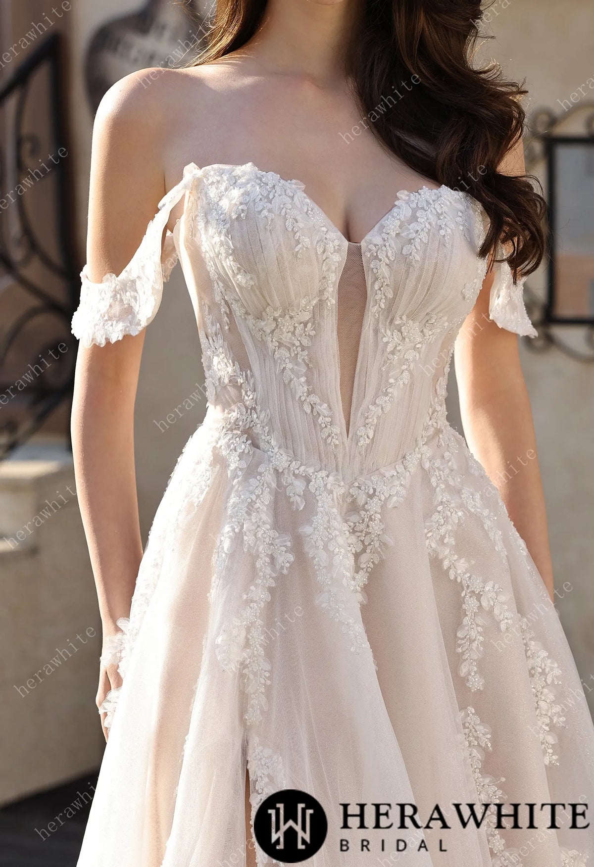 Romantic Off-the-Shoulder Sheer Lace Glitter Tulle Bridal Gown with Thigh Slit HW3825