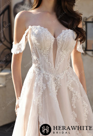 Romantic Off-the-Shoulder Sheer Lace Glitter Tulle Bridal Gown with Thigh Slit HW3825