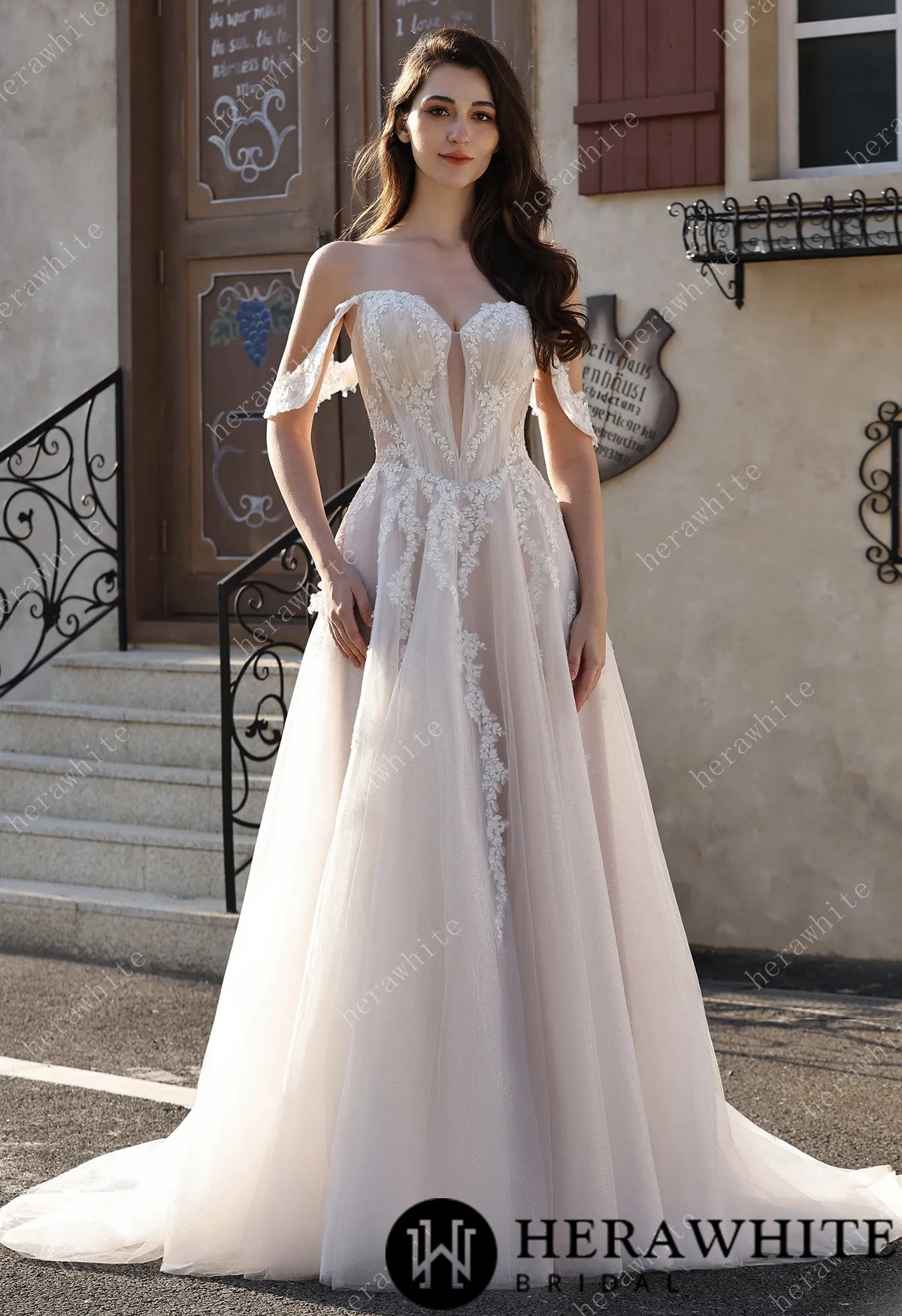 Romantic Off-the-Shoulder Sheer Lace Glitter Tulle Bridal Gown with Thigh Slit HW3825