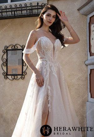 Romantic Off-the-Shoulder Sheer Lace Glitter Tulle Bridal Gown with Thigh Slit HW3825