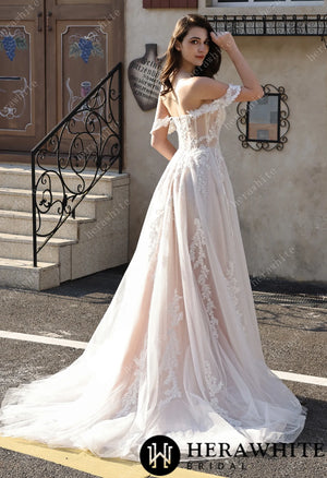 Romantic Off-the-Shoulder Sheer Lace Glitter Tulle Bridal Gown with Thigh Slit HW3825