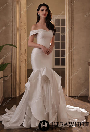 Off-the-Shoulder Textured  Fit And Flare Silhouette Wedding Dress With Ruffle Skirt HW3832