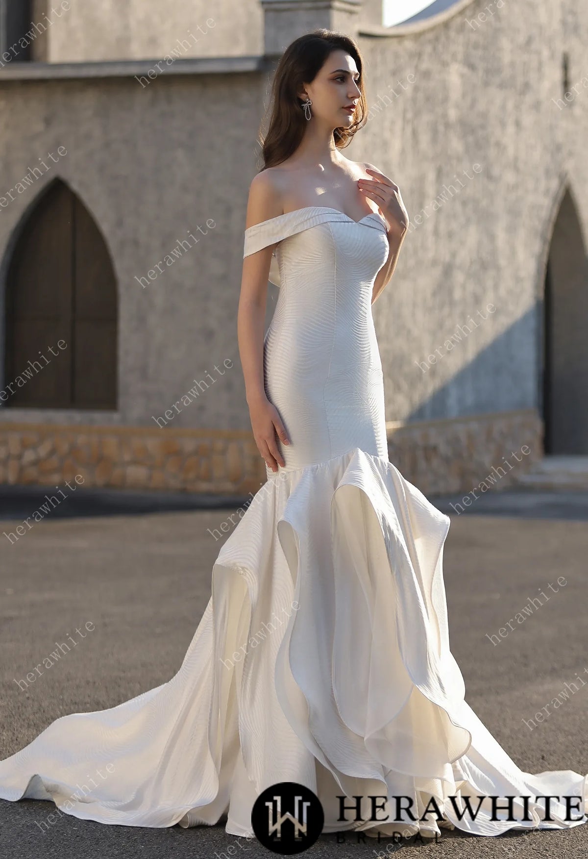 Off-the-Shoulder Textured  Fit And Flare Silhouette Wedding Dress With Ruffle Skirt HW3832