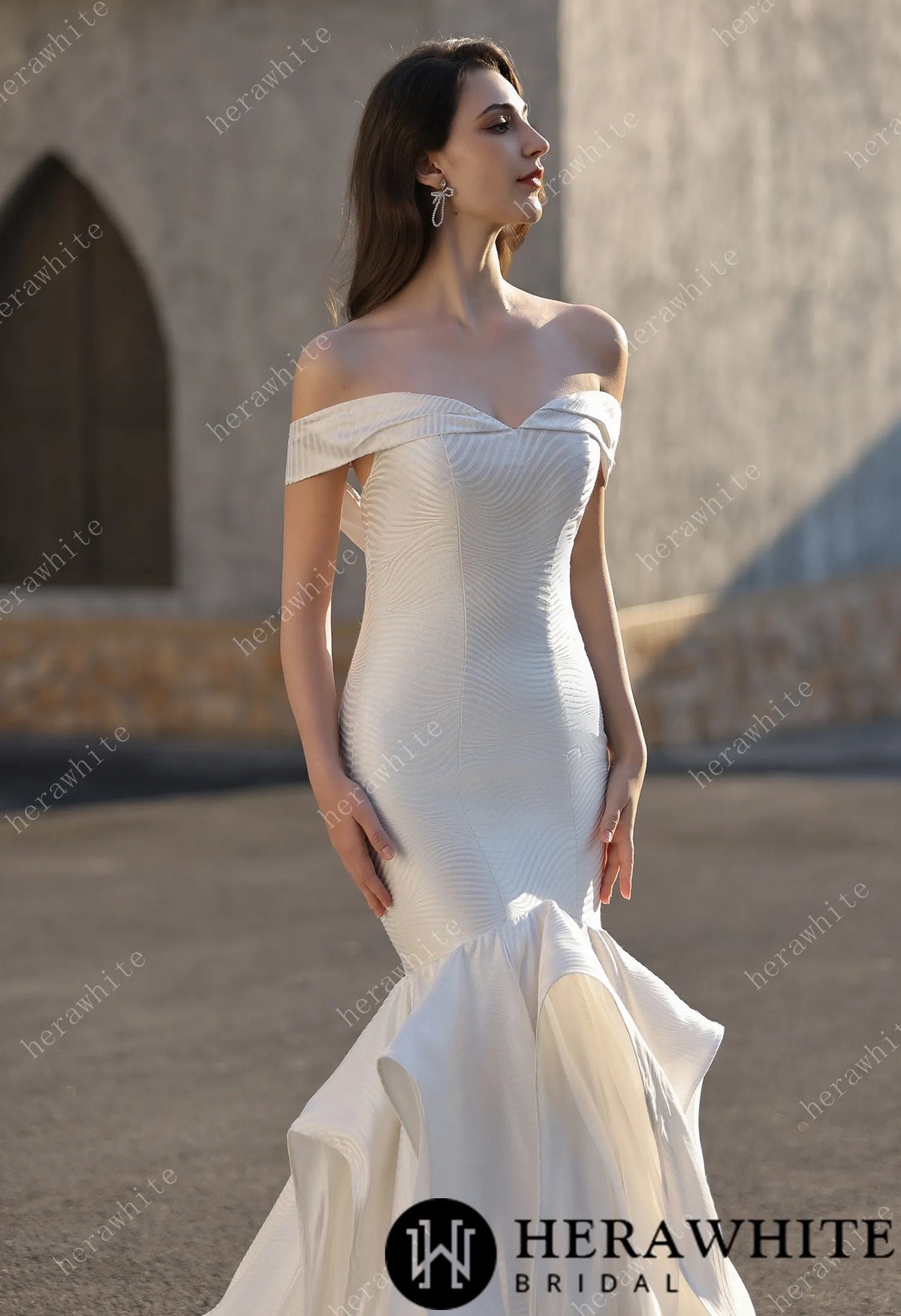 Off-the-Shoulder Textured  Fit And Flare Silhouette Wedding Dress With Ruffle Skirt HW3832