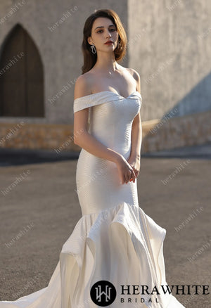 Off-the-Shoulder Textured  Fit And Flare Silhouette Wedding Dress With Ruffle Skirt HW3832