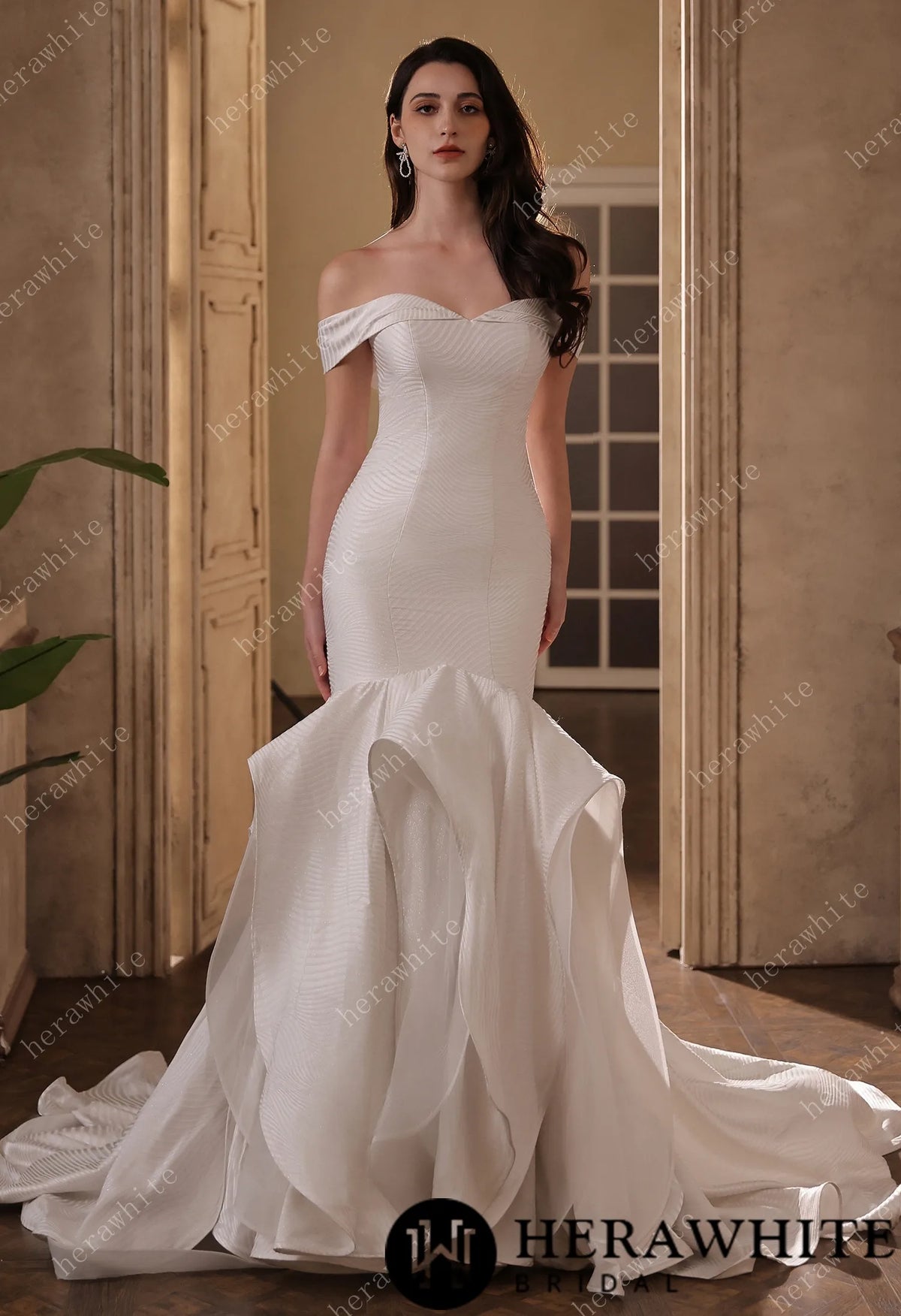 Off-the-Shoulder Textured  Fit And Flare Silhouette Wedding Dress With Ruffle Skirt HW3832