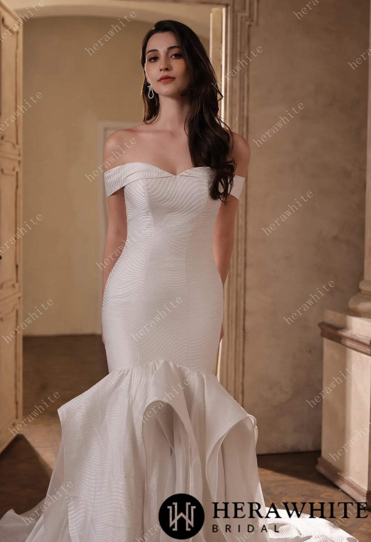 Off-the-Shoulder Textured  Fit And Flare Silhouette Wedding Dress With Ruffle Skirt HW3832