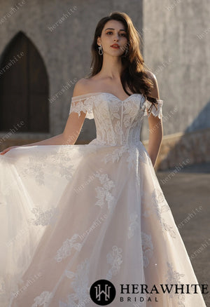 Romance Off-Shoulder Lace Strap Bride Dress HW3842