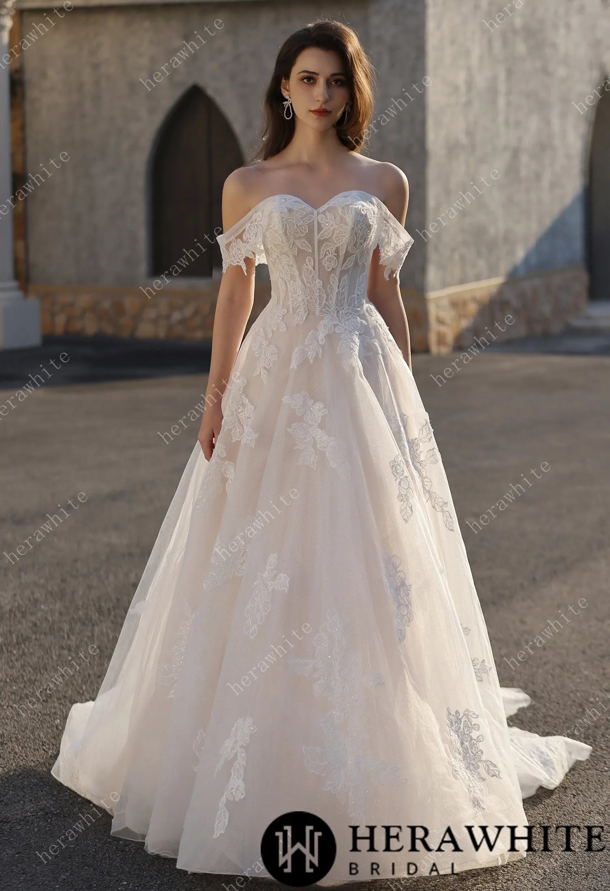 Romance Off-Shoulder Lace Strap Bride Dress HW3842