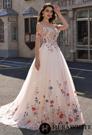 Colorful Lace Wedding Dress With Off-Shoulder Sleeves– Blush Pink Elegant Bridal Gown HW3852