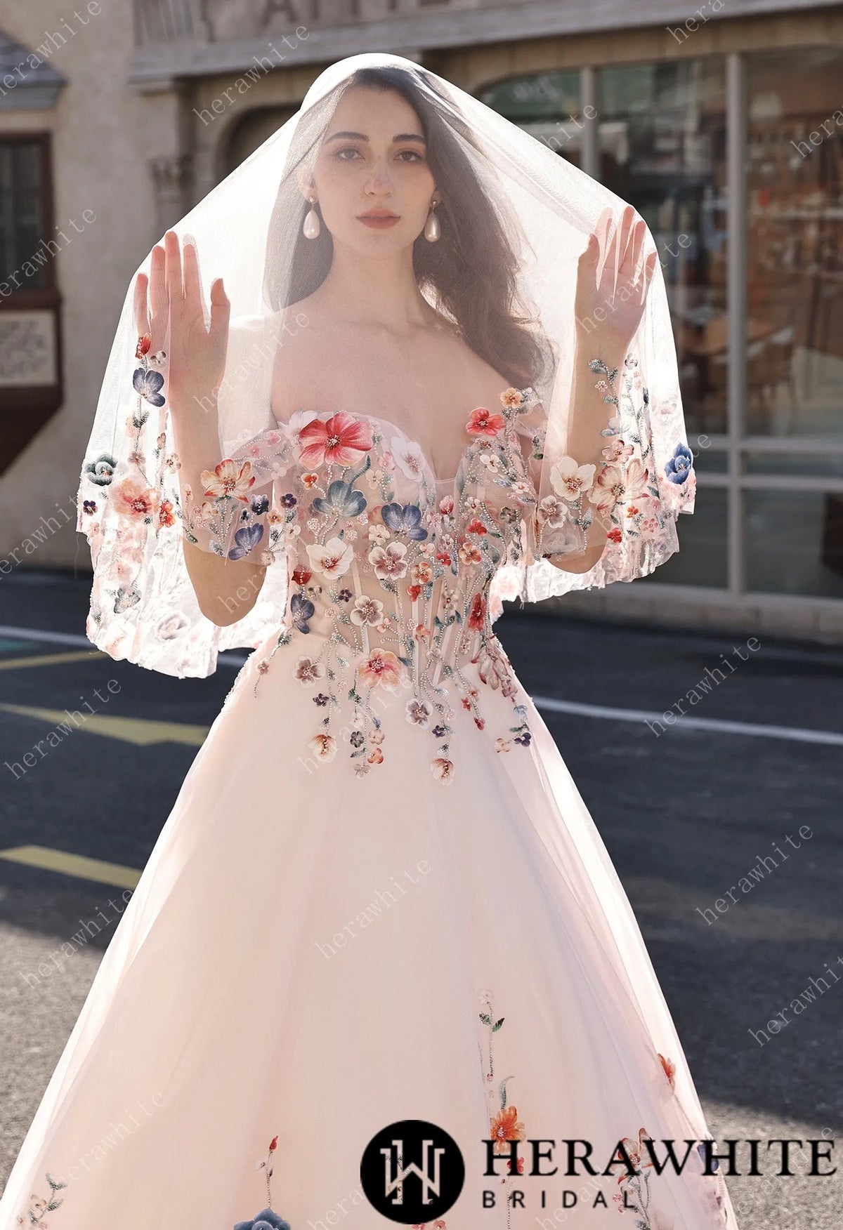 Colorful Lace Wedding Dress With Off-Shoulder Sleeves– Blush Pink Elegant Bridal Gown HW3852