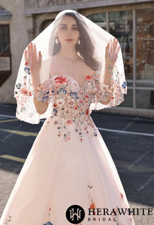 Colorful Lace Wedding Dress With Off-Shoulder Sleeves– Blush Pink Elegant Bridal Gown HW3852