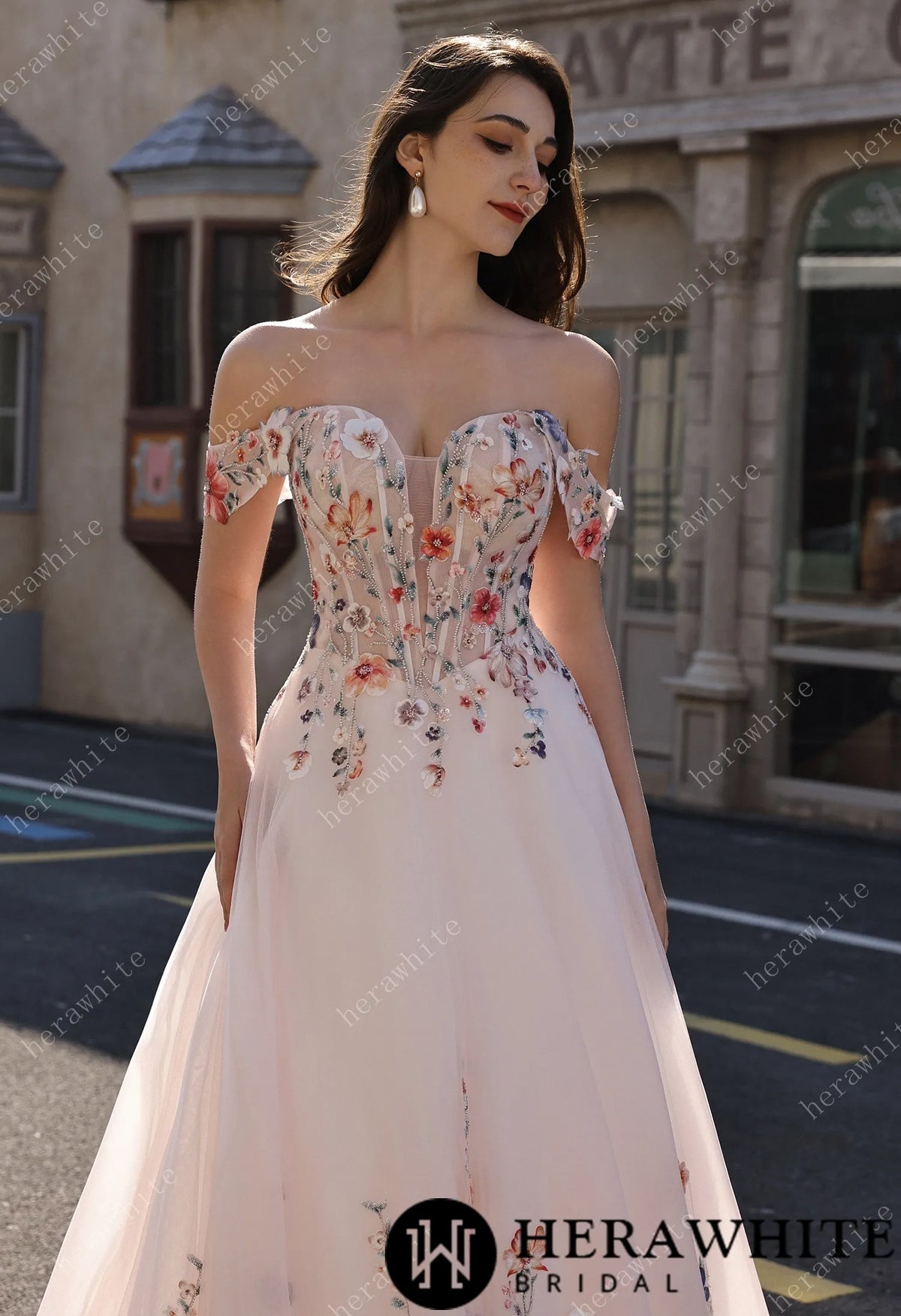 Colorful Lace Wedding Dress With Off-Shoulder Sleeves– Blush Pink Elegant Bridal Gown HW3852