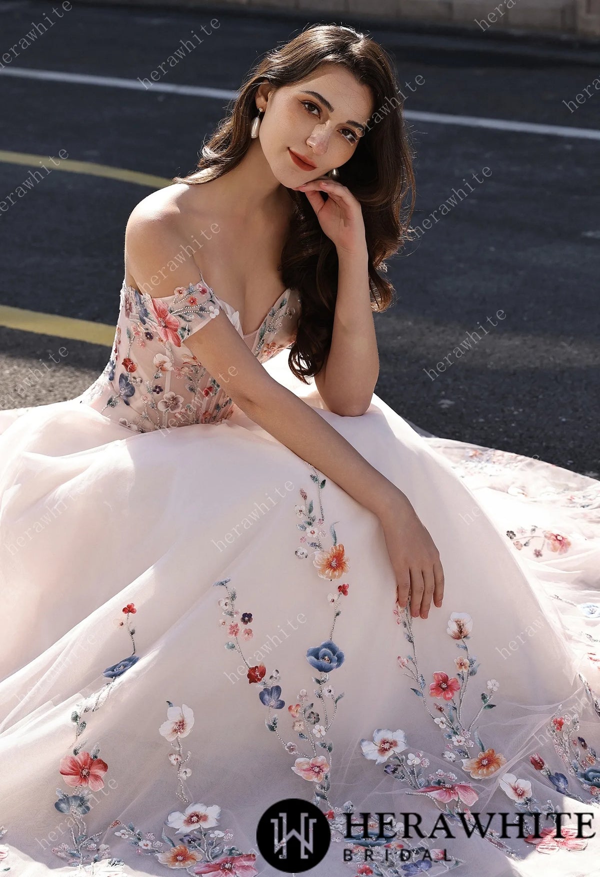 Colorful Lace Wedding Dress With Off-Shoulder Sleeves– Blush Pink Elegant Bridal Gown HW3852