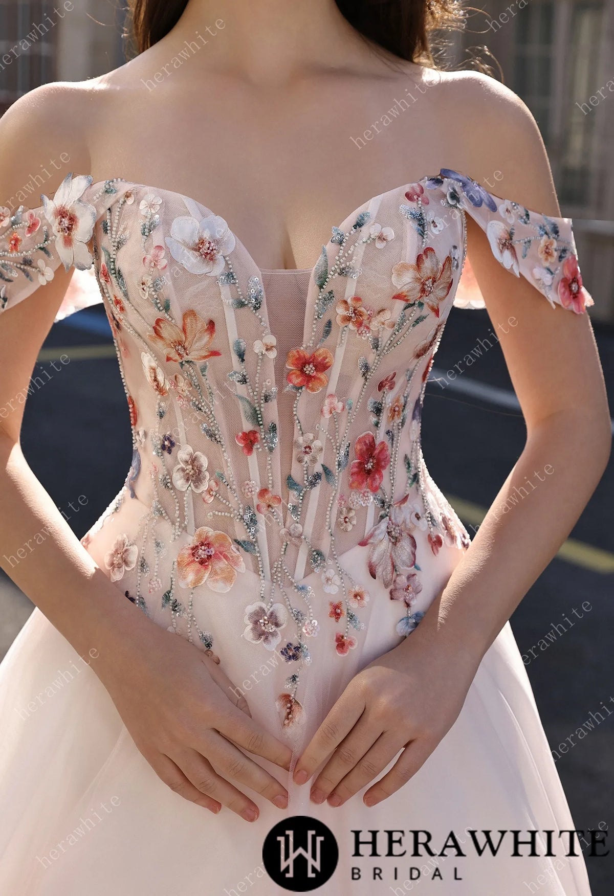 Colorful Lace Wedding Dress With Off-Shoulder Sleeves– Blush Pink Elegant Bridal Gown HW3852