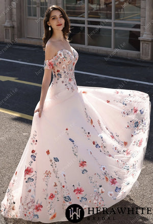 Colorful Lace Wedding Dress With Off-Shoulder Sleeves– Blush Pink Elegant Bridal Gown HW3852