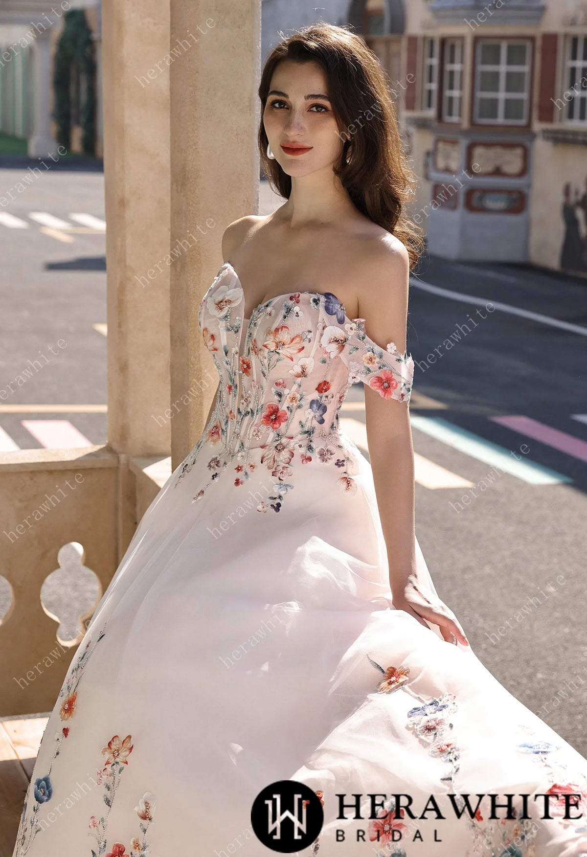 Colorful Lace Wedding Dress With Off-Shoulder Sleeves– Blush Pink Elegant Bridal Gown HW3852