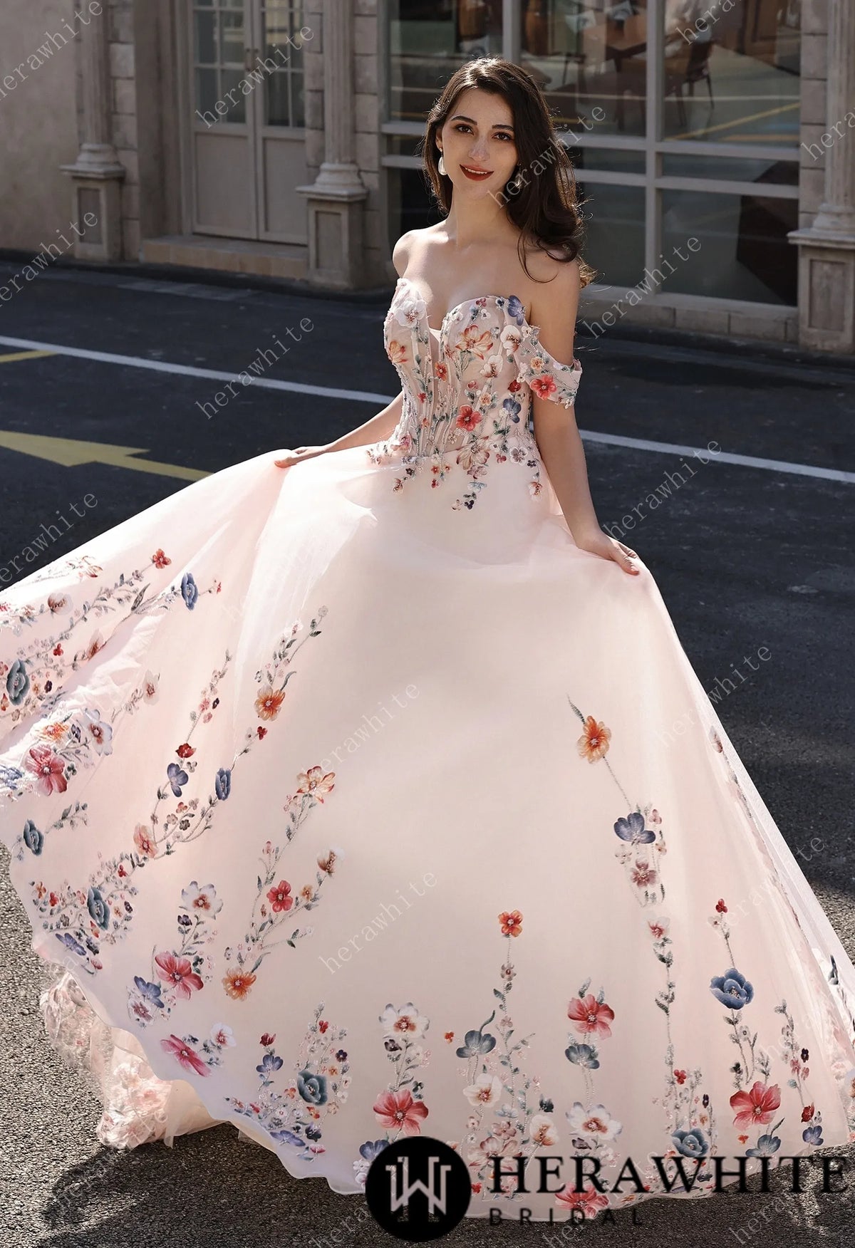 Colorful Lace Wedding Dress With Off-Shoulder Sleeves– Blush Pink Elegant Bridal Gown HW3852