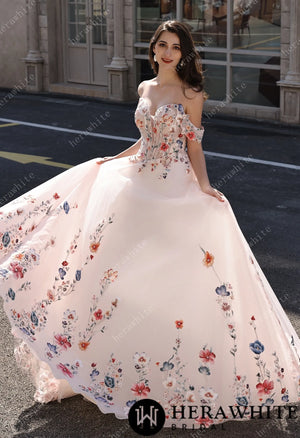 Colorful Lace Wedding Dress With Off-Shoulder Sleeves– Blush Pink Elegant Bridal Gown HW3852