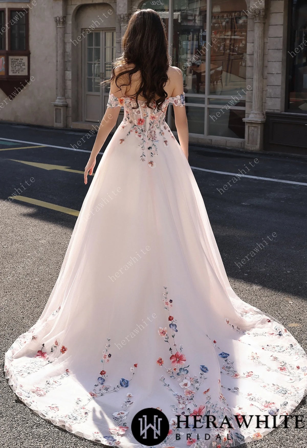 Colorful Lace Wedding Dress With Off-Shoulder Sleeves– Blush Pink Elegant Bridal Gown HW3852