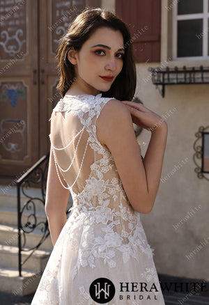 Timeless Sweetheart Neckline 3D Lace  A-line Wedding Dress With Pearl Chain Back Detail HW3854