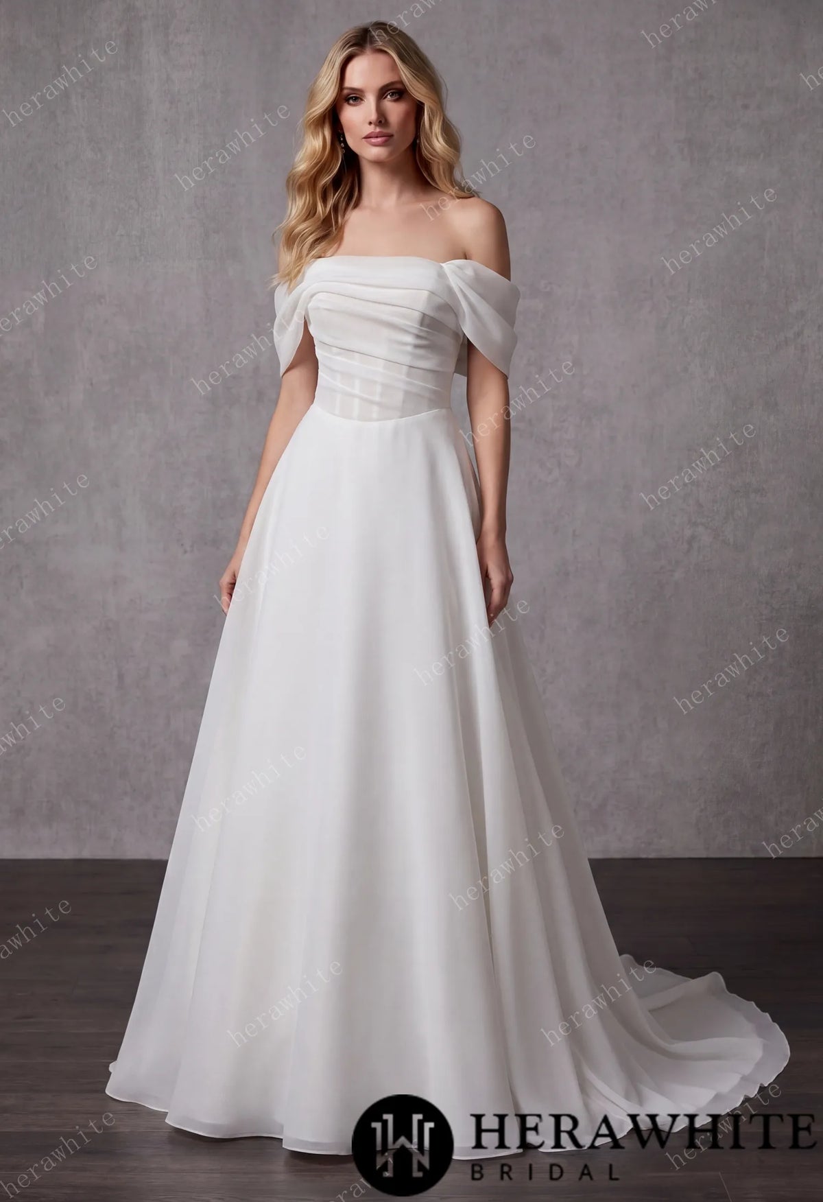 Off-the-Shoulder Draped Organza  A-Line Wedding Gown HW3859
