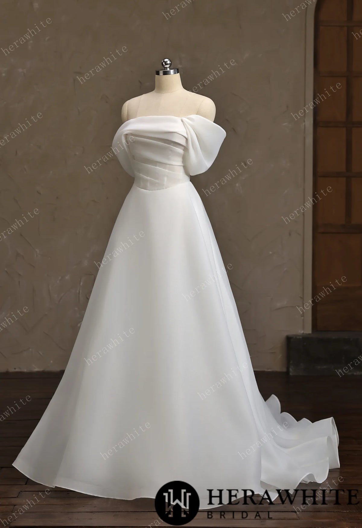 Off-the-Shoulder Draped Organza  A-Line Wedding Gown HW3859